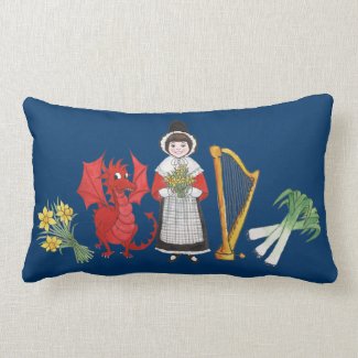Lumbar Pillow: Welsh, Daffodils, Dragon Leeks Harp