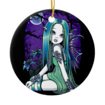 luna, moon, lilly, lillie, flower, lady, bug, night, sky, stars, fantasy, gothic, celestial, art, big, eyed, myka, jelina, mika, faeries, Ornament with custom graphic design