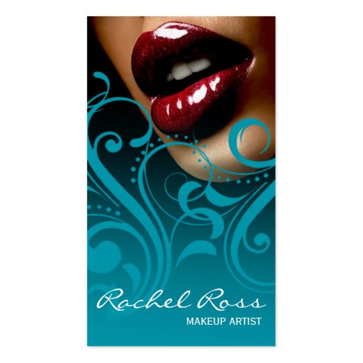 Luscious Glossy Lips Curliques | ocean blue Business Card Templates (front side)