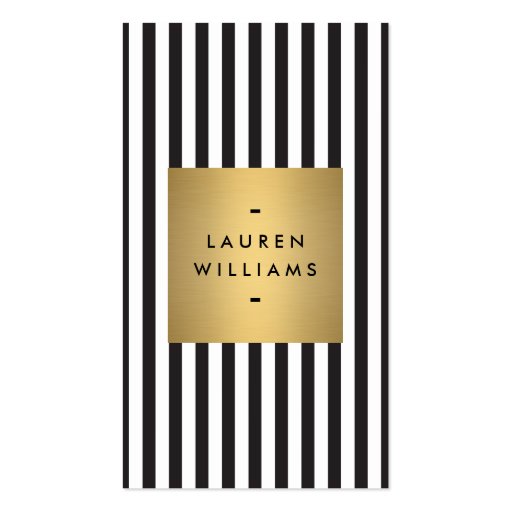 Luxe Bold Black and White Stripes with Gold Box Business Card Template (front side)