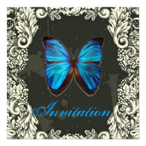 Luxury Blue Butterfly Vintage Wedding Invitation
