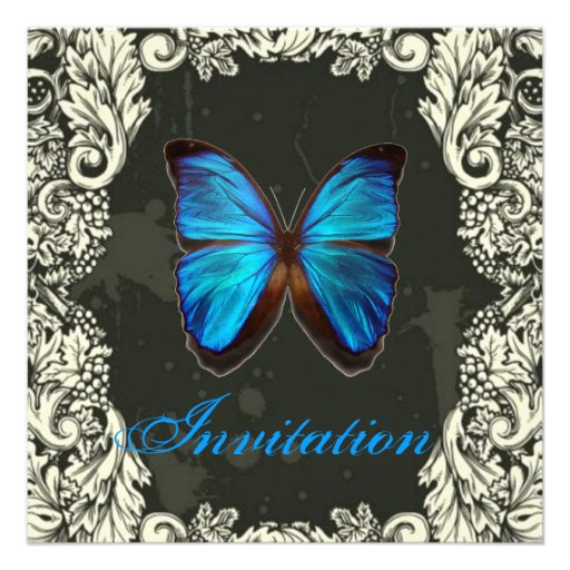 Luxury Blue Butterfly Vintage Wedding Invitation