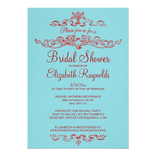 Luxury Blue & Red Bridal Shower Invitations