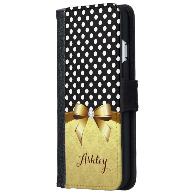 Luxury Elegant Polka Dots Gold Ribbon Diamond iPhone 6 Wallet Case