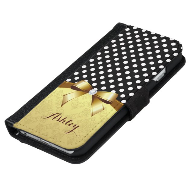 Luxury Elegant Polka Dots Gold Ribbon Diamond iPhone 6 Wallet Case-5