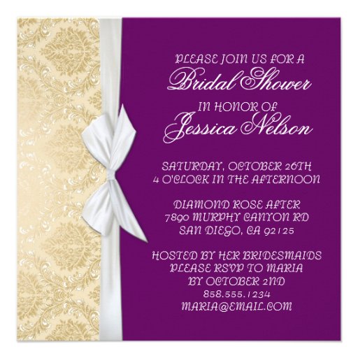 Luxury Ribbon Purple Gold Damask Shower Invite