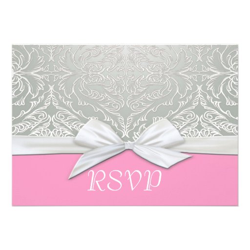 Luxury Ribbon Silver/Pink Damask RSVP card