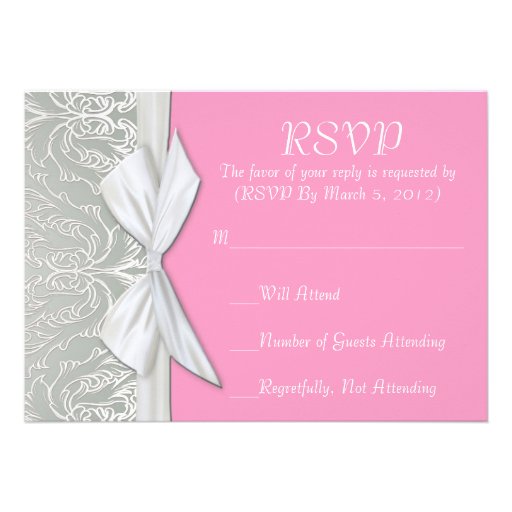 Luxury Ribbon Silver/Pink Damask RSVP card