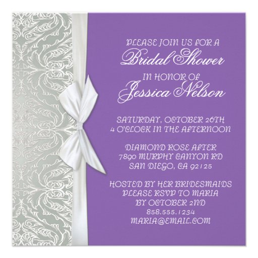 Luxury Ribbon Silver/Purple Damask Shower Invite