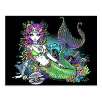 mermaid, tropical, rainbow, siren, fish, coral, sea, ocean, fantasy, art, fairy, faerie, gothic, lyre, turtle, treasure, oceans, Postkort med brugerdefineret grafisk design