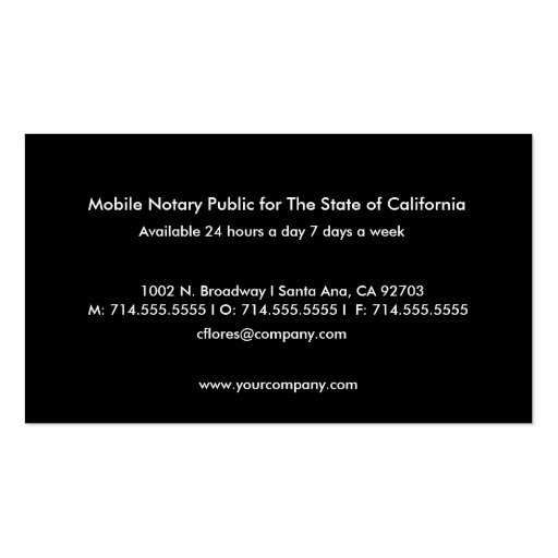 M.N.P., CHRISTIAN FLORES, mobile notary public Business Card Templates (back side)