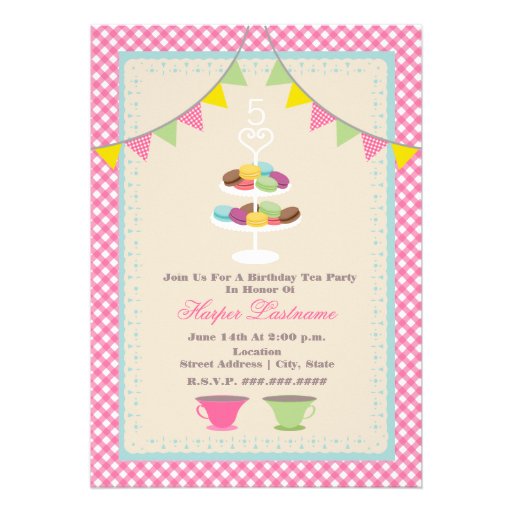Macaron Birthday Tea Party Invitation Pink Gingham