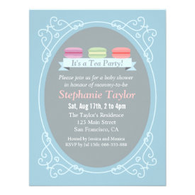 Macaron Tea Party Baby Shower, Blue and Grey Announcement
