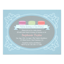 Macaron Tea Party Baby Shower, Blue and Grey Invitation