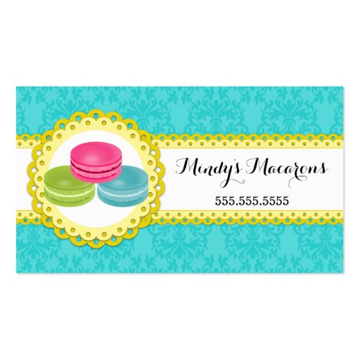 Macarons Bakery Damask Scalloped Border Business Card (front side)