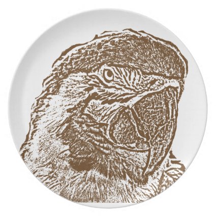 macaw head view graphic brown outline parrot.png dinner plate