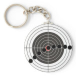 Machine gun bullet holes over target keychains