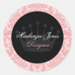 Mackenzie Pink & Black Damask Chic Round Sticker stickers