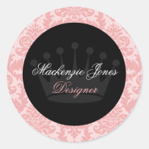 Mackenzie Pink & Black Damask Chic Round Sticker