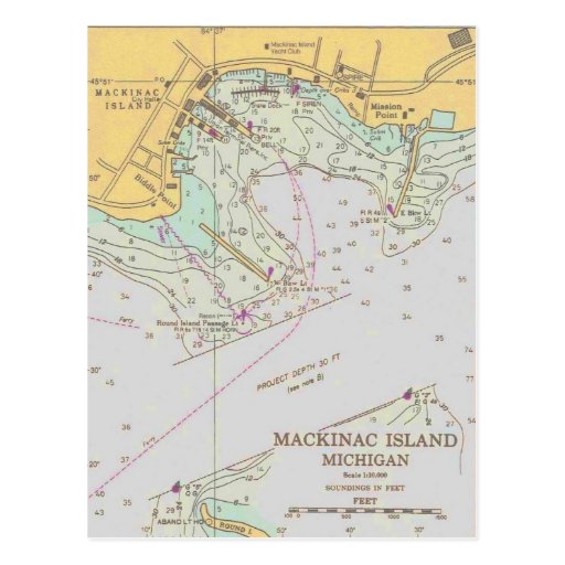 Mackinac Island harbor nautical chart post card