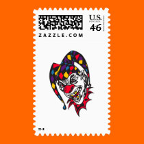 mad evil jester clown postage
