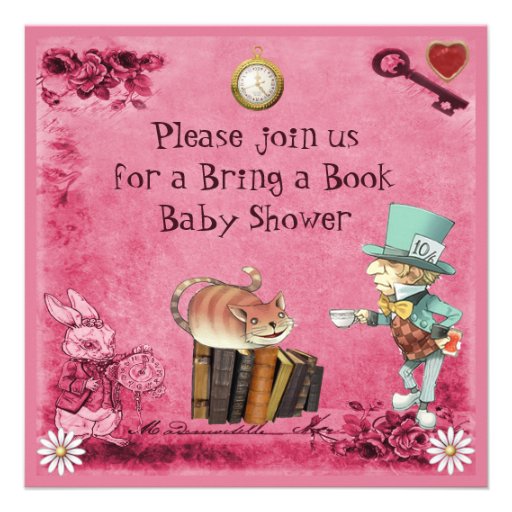 Mad Hatter & Cheshire Cat Pink Bring a Book Invitation