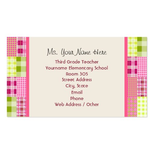 Madras Inspired Plaid / Pink Schoolhouse Teacher Business Card (back side)