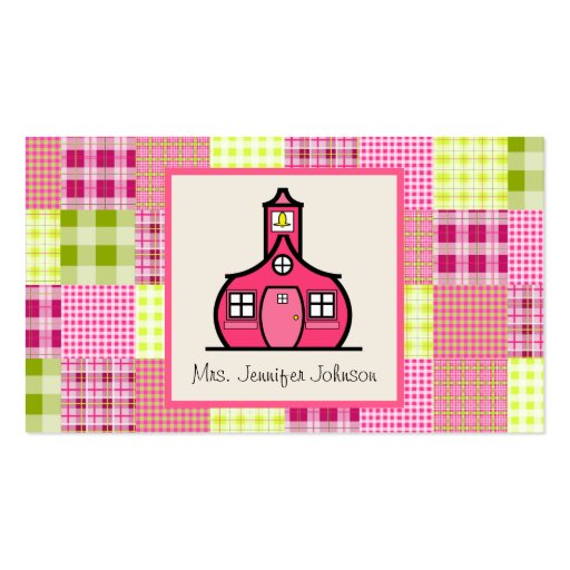 Madras Inspired Plaid / Pink Schoolhouse Teacher Business Card (front side)