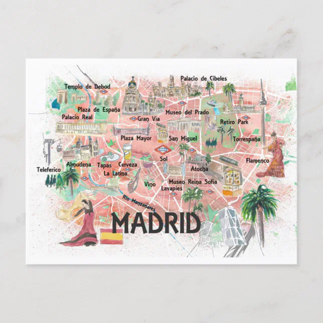 Madrid Spain Illustrated Travel Map With Roads Postcard Zazzle