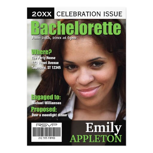 Magazine Cover Green Bachelorette Invitations