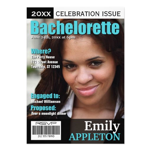 Magazine Cover Turquoise Bachelorette Invitations