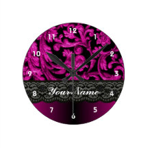 Magenta & black  lace pattern round clock