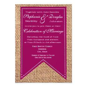 Magenta Burlap Print Rustic Wedding Invitations 4.5