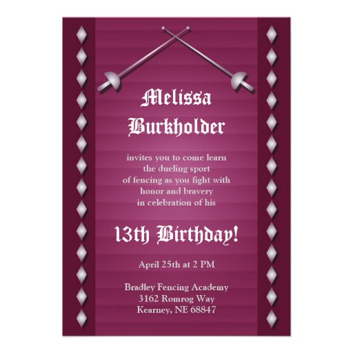 Magenta Fencing Birthday Party Invitation (front side)