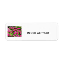 Magenta flowers In God We Trust label labels