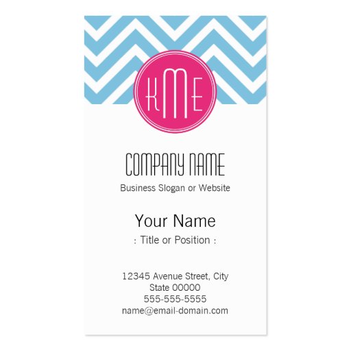 Magenta Pink Monogram with Light Blue Chevron Business Card (front side)