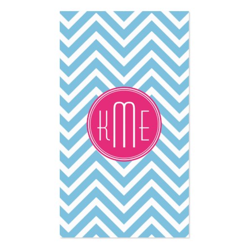 Magenta Pink Monogram with Light Blue Chevron Business Card (back side)