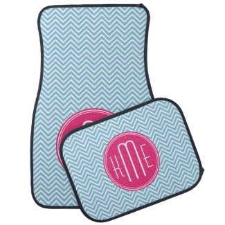 Magenta Pink Monogram with Light Blue Chevron Floor Mat