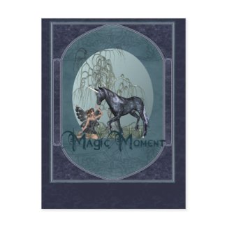 A beautiful fantasy art picture for fairy and unicorn lovers: A cute dark fairy kneeling in the grass, reaching up towards a black unicorn. The eerie tree in the background adds to the magic moment feeling! This is the postcard, the design without the fancy background is also available on t-shirts and more.