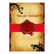 MAGIC SWIRLS PARCHMENT AND RED WAX SEAL MONOGRAM INVITATION