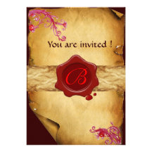 MAGIC SWIRLS PARCHMENT AND RED WAX SEAL MONOGRAM CUSTOM INVITES