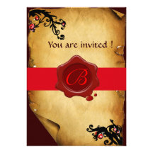 MAGIC SWIRLS PARCHMENT AND RED WAX SEAL MONOGRAM PERSONALIZED INVITES