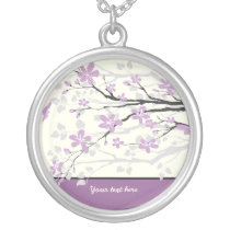 Magnolia branch purple flowers silver pendant necklaces