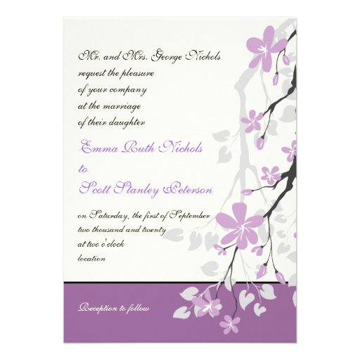 Magnolia branch purple flowers wedding invitation