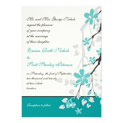Magnolia branch turquoise wedding invitation