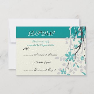 Magnolia branch turquoise wedding RSVP card invitation