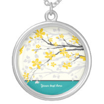 Magnolia branch yellow flowers silver pendant necklaces