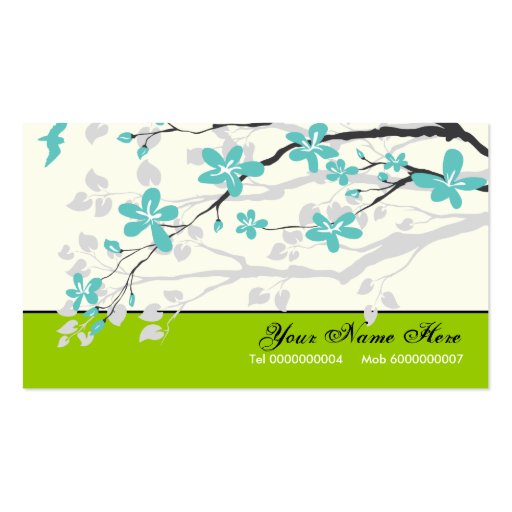 Magnolia flowers turquoise green floral business cards (front side)