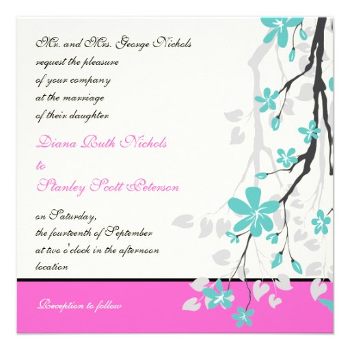 Magnolia flowers turquoise, hot pink wedding custom announcement
