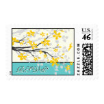 Magnolia flowers yellow turquoise wedding RSVP Stamp